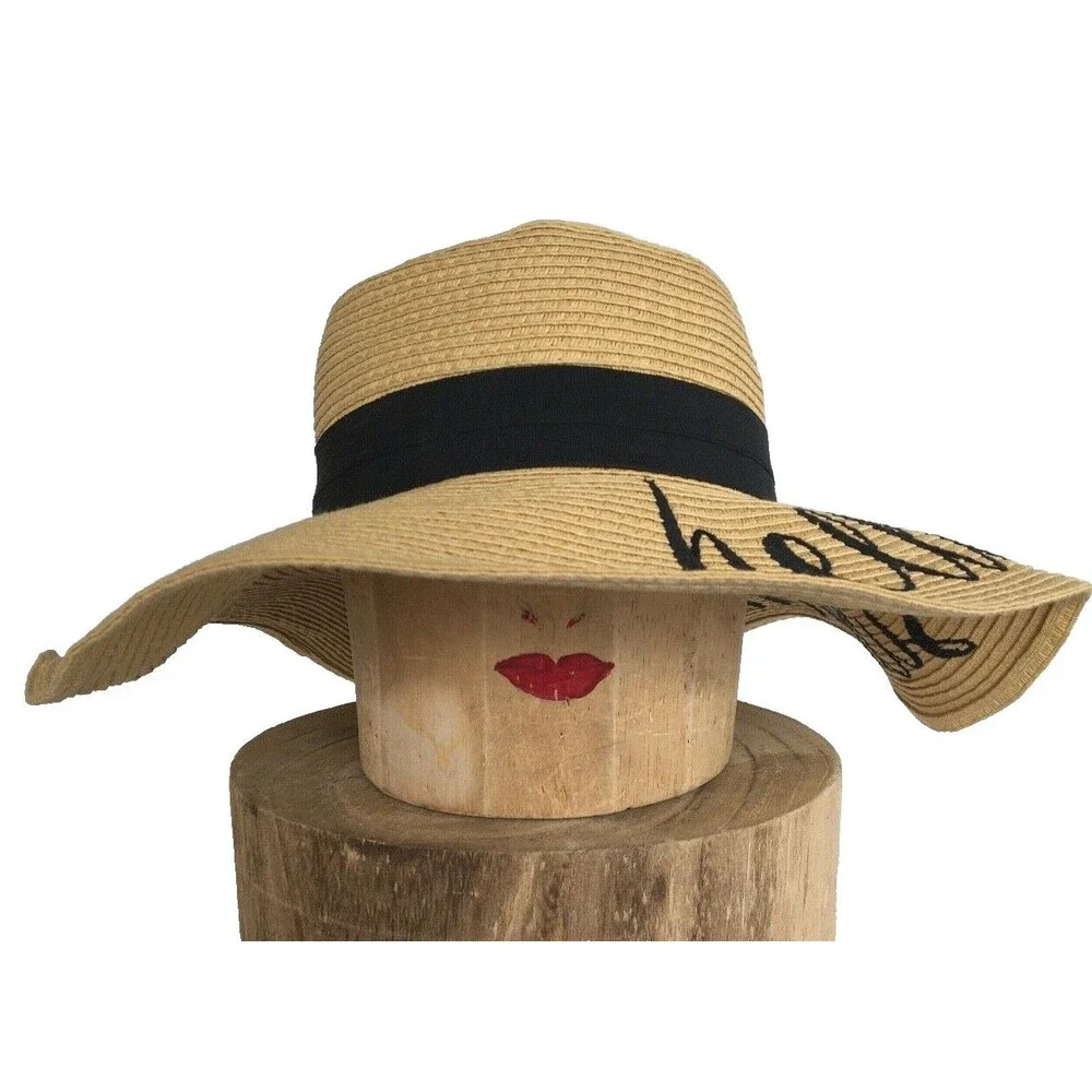 NEW Sun Hat CC Creations Beach Straw Embroidered 